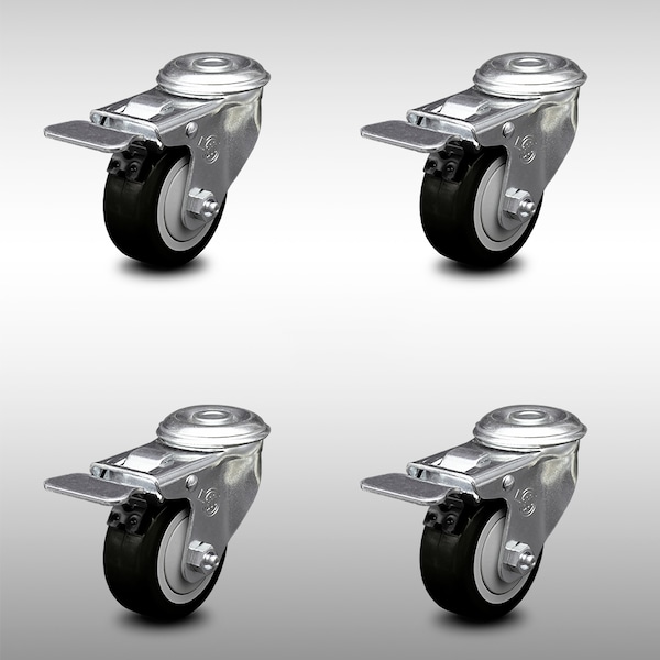 3.5 Inch SS Black Polyurethane Swivel Bolt Hole Caster Set with Total Lock Brake